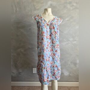 Vtg Light Blue Multicolor Floral House Patio Dress Patch Pocket V Neck Sz Large